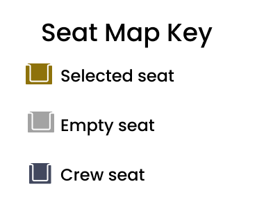 Seat map key showing selected seat, empty seat, and crew seat indicators